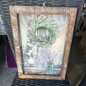 Rustic Wooden Framed Wall Art with Lavender and Green Wreath
